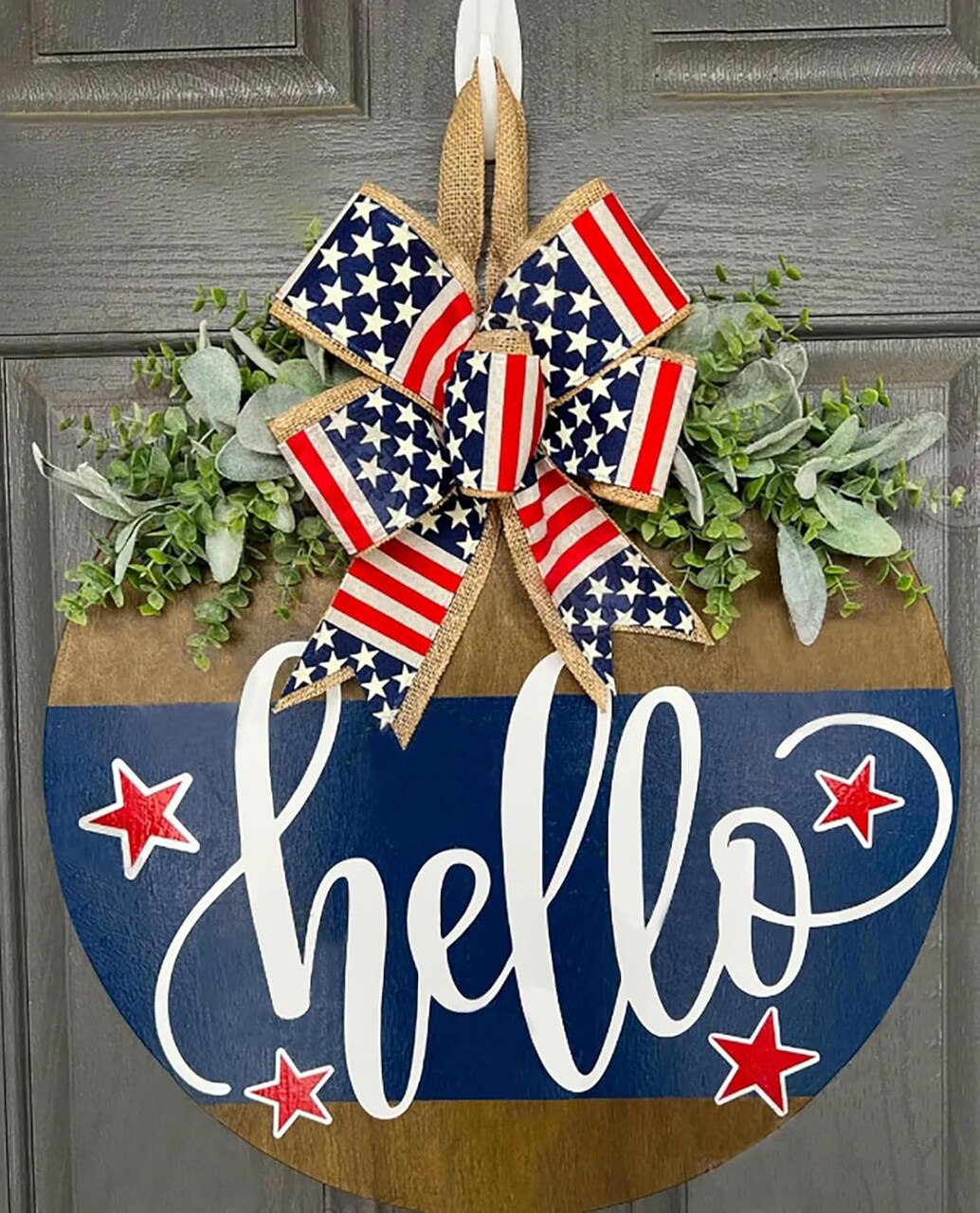 4th of July Door Sign Decorations, Independence Day Welcome Wreath for Front Door, Memorial Day Patriotic Wooden Hangers Wreath with Bow for Porch Home Wall Decor